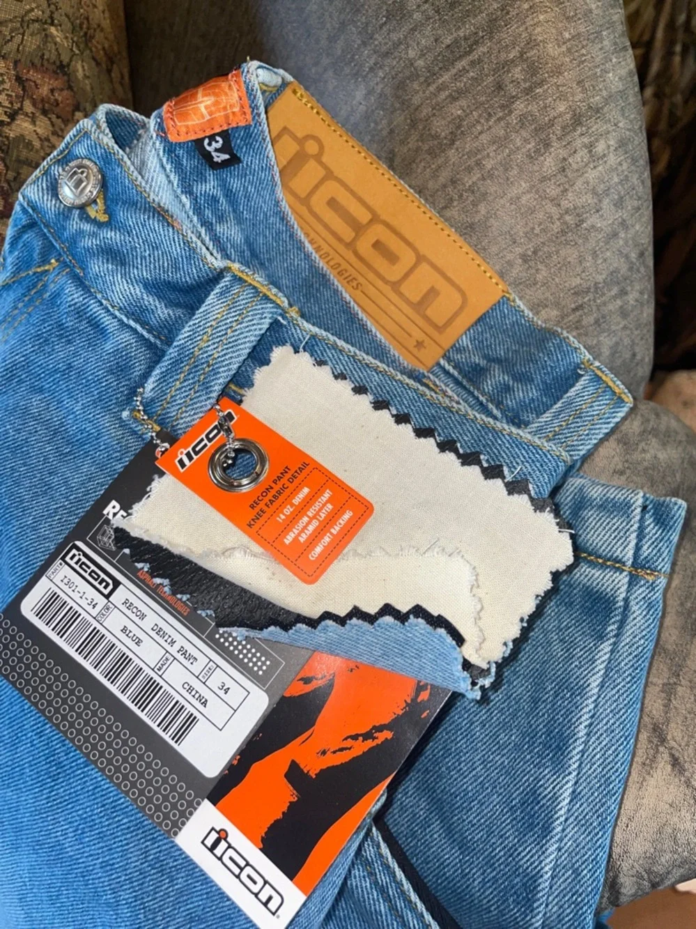 ICON Men's Light Blue Jeans with Black Reinforced Panels for riding - Picture 9 of 9